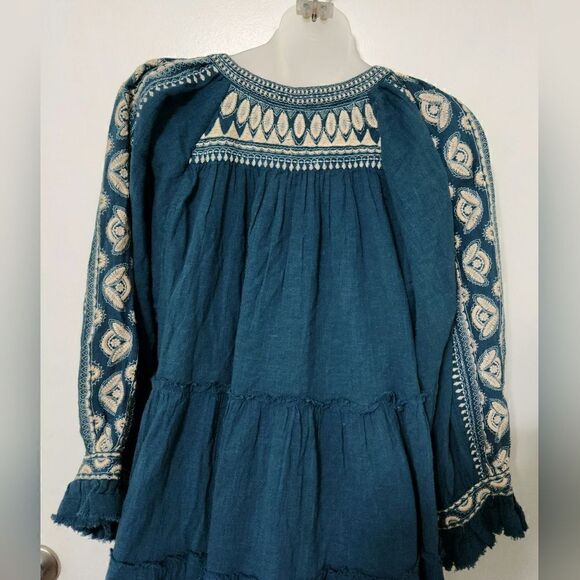 Free People V-neck oversized fit embroidered teal tunic top size small - Picture 11 of 15